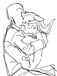 Size: 720x960 | Tagged: safe, artist:twentysixthirtyseven, derpibooru exclusive, imported from derpibooru, octavia melody, oc, oc:anon, earth pony, human, pony, black and white, duo, duo male and female, female, forehead kiss, grayscale, hug, kissing, lying down, male, monochrome, simple background, sketch, snuggling, white background
