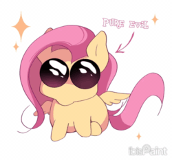Size: 1500x1400 | Tagged: safe, artist:miryelis, imported from derpibooru, fluttershy, pegasus, pony, animated, big eyes, chibi, cute, gif, grimcute, looking at you, pure unfiltered evil, simple background, solo, sparkles, tail, white background