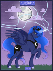Size: 827x1104 | Tagged: safe, artist:shessy-lai, imported from derpibooru, princess luna, alicorn, pony, moon, raised hoof, solo