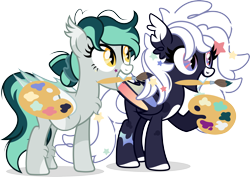 Size: 3948x2795 | Tagged: safe, artist:kojibiose, imported from derpibooru, oc, oc only, oc:cosmic whirl, oc:cuddly cloud, bat pony, pony, duo, easel, female, mare, paintbrush, simple background, transparent background