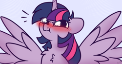 Size: 4200x2200 | Tagged: safe, artist:mariashek, imported from derpibooru, twilight sparkle, alicorn, pony, :t, abstract background, angry, blushing, chest fluff, cute, emanata, madorable, puffy cheeks, scrunchy face, solo, spread wings, twiabetes, twilight sparkle (alicorn), wavy mouth, wingboner, wings