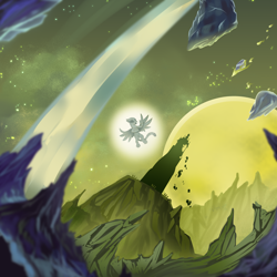 Size: 3000x3000 | Tagged: safe, artist:batavern, imported from derpibooru, glenda, griffon, flying, hall of unity, meteor shower, moon, mount metazoa, mountain, solo, stars