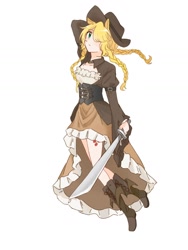 Size: 1080x1440 | Tagged: safe, artist:hey1930395, imported from derpibooru, applejack, human, clothes, dress, humanized, simple background, solo, sword, weapon, white background