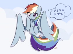 Size: 4000x3000 | Tagged: safe, artist:8524538816, imported from derpibooru, rainbow dash, pegasus, pony, female, flying, mare, solo, spread wings, text, thought bubble, wings