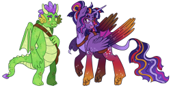 Size: 2048x1053 | Tagged: safe, artist:draculaflow3, imported from derpibooru, spike, twilight sparkle, alicorn, classical unicorn, dragon, pony, unicorn, alternate design, claws, cloven hooves, coat markings, duo, duo male and female, ethereal mane, facial markings, female, glasses, gradient legs, horn, hybrid wings, leonine tail, male, older, simple background, star (coat marking), starry legs, starry mane, starry wings, transparent background, twilight sparkle (alicorn), unshorn fetlocks, wing claws, winged spike, wings