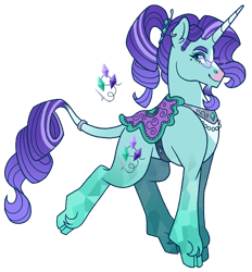 Size: 1396x1507 | Tagged: safe, artist:draculaflow3, imported from derpibooru, rarity, classical unicorn, crystal pony, pony, unicorn, alternate design, cloven hooves, female, horn, leonine tail, mare, race swap, saddle, simple background, solo, tack, transparent background, unshorn fetlocks