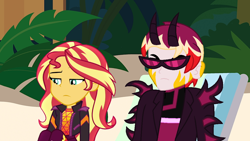 Size: 1150x647 | Tagged: safe, artist:robertsonskywa1, imported from derpibooru, sunset shimmer, oc, oc:starbreaker firewalker, demon, kaiju, equestria girls, beach, beach chair, chair, clothes, female, hellaverse, horns, male, photo, sitting, spikes, sunglasses, trenchcoat