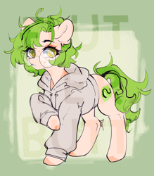 Size: 3500x4000 | Tagged: safe, artist:flutterbutt, imported from derpibooru, oc, pony, adoptable, bookworm, clothes, golden eyes, green hair, hoodie, nerd, watermark