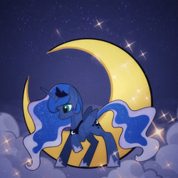 Size: 1680x1680 | Tagged: safe, artist:mink, imported from derpibooru, princess luna, alicorn, pony, cloud, crescent moon, hoof shoes, moon, raised hoof, solo