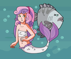 Size: 858x709 | Tagged: safe, artist:ocean lover, imported from derpibooru, apple bloom, scootaloo, sweetie belle, fish, human, mermaid, seapony (g4), season 8, surf and/or turf, spoiler:s08, bandeau, bare midriff, bare shoulders, belly, belly button, bubble, child, cute, cutie mark crusaders, diasweetes, fins, fish tail, frown, green eyes, hairband, humanized, light skin, looking at each other, looking at someone, mermaid tail, mermaidized, midriff, ms paint, ocean, scene interpretation, seaponified, seapony sweetie belle, species swap, sunfish, tail, tail fin, two toned hair, uncomfortable, underwater, water