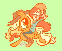 Size: 2048x1694 | Tagged: safe, artist:janegumball, imported from derpibooru, part of a set, applejack, earth pony, human, pony, applejack's hat, big eyes, blonde mane, blonde tail, boots, clothes, colored, cowboy hat, crossover, denim, duo, duo female, ear piercing, earring, eyelashes, female, flannel, flat colors, freckles, galloping, gravity falls, green background, green eyes, hat, holding hat, humans riding ponies, jeans, jewelry, light skin, long mane, long tail, looking at each other, looking at someone, looking back, mare, muddy boots, open mouth, open smile, orange coat, pants, piercing, profile, red hair, redhead, riding, riding a pony, running, shoes, signature, simple background, smiling, smiling at each other, smiling at someone, stetson, striped mane, striped tail, tail, tied mane, tied tail, two toned mane, two toned tail, wendy corduroy, winter cap