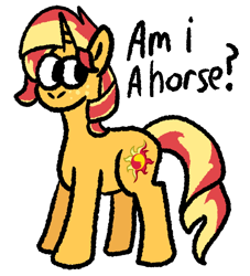 Size: 562x620 | Tagged: safe, artist:zoeyhorse, imported from derpibooru, sunset shimmer, pony, unicorn, dialogue, female, freckles, horn, mare, simple background, solo, white background