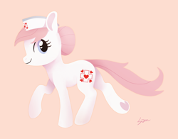 Size: 1400x1100 | Tagged: safe, artist:sion, imported from derpibooru, nurse redheart, earth pony, pony, female, frog (hoof), heart, heart eyes, mare, pink background, running, signature, simple background, solo, underhoof, wingding eyes