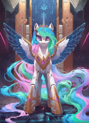 Size: 1024x1408 | Tagged: safe, imported from derpibooru, princess celestia, alicorn, cyborg, pony, robot, robot pony, ai content, ai generated, bust, full body, generator:pony diffusion v6 xl, generator:stable diffusion, horn, long hair, prompter:star-dragon, robolestia, roboticization, serious, solo, spread wings, wings