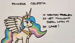 Size: 2048x1169 | Tagged: safe, artist:hoofclid, imported from derpibooru, princess celestia, alicorn, pony, cake, cakelestia, female, food, mare, marker drawing, programming, redraw, smiling, solo, spread wings, text, traditional art, wings