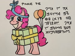 Size: 2048x1536 | Tagged: safe, artist:hoofclid, imported from derpibooru, pinkie pie, earth pony, pony, balloon, balloon animal, female, grin, looking at you, male, mare, marker drawing, phoenician, pinkie being pinkie, present, redraw, smiling, smiling at you, solo, stallion, text, traditional art