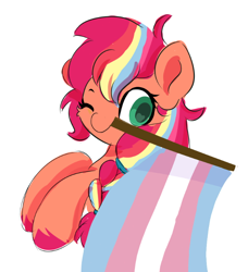 Size: 656x720 | Tagged: safe, artist:skylinepony_, imported from derpibooru, sunny starscout, earth pony, pony, colored pupils, cute, female, g5, green pupils, hoof hold, mane stripe sunny, mouth hold, one eye closed, pride, pride flag, simple background, solo, transgender pride flag, white background