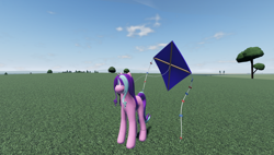 Size: 1858x1057 | Tagged: safe, imported from derpibooru, starlight glimmer, pony, unicorn, cloud, female, field, game screencap, horn, kite, roblox, solo, that pony sure does love kites, tree, twisted (game)