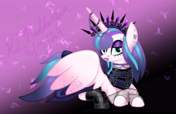 Size: 5100x3300 | Tagged: safe, artist:kelseyleah, imported from derpibooru, princess flurry heart, alicorn, pony, chains, clothes, crown, ear piercing, earring, eyeshadow, female, goth, gradient background, jewelry, lip piercing, lipstick, looking at you, lying down, makeup, mare, nose piercing, older, older flurry heart, piercing, princess emo heart, prone, regalia, signature, solo, wings