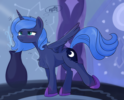 Size: 2474x1989 | Tagged: safe, artist:rayelli, derpibooru exclusive, imported from derpibooru, princess luna, alicorn, pony, bed, blushing, castle, chest fluff, clothes, crying, cute, female, flag, lunabetes, mare, morning, s1 luna, sleepy, slippers, solo, spread wings, standing on three hooves, stretching, teary eyes, text, thought bubble, vase, waking up, wings, young luna, younger