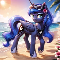 Size: 2560x2560 | Tagged: safe, imported from derpibooru, princess luna, alicorn, pony, ai content, ai generated, beach, flower, flower in hair, generator:stable diffusion, horn, ocean, one leg raised, prompter:kluknawa235, sunglasses, sunglasses on head, water, wings