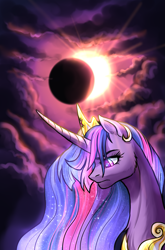 Size: 1229x1864 | Tagged: safe, artist:not-ordinary-pony, derpibooru exclusive, imported from derpibooru, twilight sparkle, alicorn, the last problem, bust, crepuscular rays, eclipse, female, glowing, glowing eyes, glowing mane, mare, older, older twilight, older twilight sparkle (alicorn), portrait, princess twilight 2.0, sad, solo, twilight sparkle (alicorn)