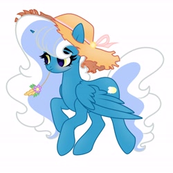 Size: 6890x6890 | Tagged: safe, artist:riofluttershy, imported from derpibooru, oc, oc only, oc:fleurbelle, alicorn, pony, alicorn oc, bow, female, flying, hat, horn, mare, pink bow, simple background, solo, straw hat, straw in mouth, tail, two toned hair, two toned mane, two toned tail, white background, wings, yellow eyes