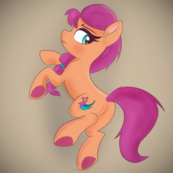 Size: 1500x1500 | Tagged: safe, artist:psfmer, imported from derpibooru, sunny starscout, earth pony, pony, blushing, butt, female, g5, gray background, looking at you, lying down, mare, on side, plot, simple background, solo, sunny starbutt, underhoof