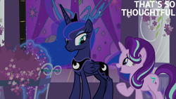 Size: 2000x1125 | Tagged: safe, edit, edited screencap, editor:quoterific, imported from derpibooru, screencap, princess luna, starlight glimmer, a royal problem, canterlot castle interior, duo, duo female, female, flower, stained glass