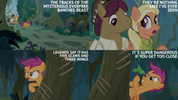 Size: 2000x1125 | Tagged: safe, edit, edited screencap, editor:quoterific, imported from derpibooru, screencap, mane allgood, scootaloo, snap shutter, the last crusade, everfree forest, trio