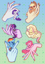 Size: 2778x3973 | Tagged: safe, artist:nimingxiwang168, imported from derpibooru, applejack, fluttershy, pinkie pie, rainbow dash, rarity, twilight sparkle, earth pony, human, pegasus, pony, unicorn, book, chibi, disembodied hand, female, gradient background, hand, horn, mane six, mare, patterned background, tiny, tiny ponies