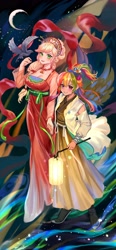 Size: 2362x5080 | Tagged: safe, artist:卯卯七, imported from derpibooru, applejack, rainbow dash, bird, human, appledash, bell, blushing, breasts, cleavage, clothes, dress, duo, female, hairclip, hanfu, headdress, holding hands, humanized, jewelry, lantern, lesbian, looking at you, moon, necklace, paper lantern, ponytail, ribbon, robe, shipping, smiling, smiling at you, stars, winged humanization, wings