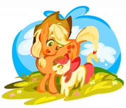 Size: 1708x1457 | Tagged: safe, artist:yurigirlsies, imported from derpibooru, apple bloom, applejack, earth pony, pony, apple sisters, cloud, female, filly, foal, grass, mare, one eye closed, open mouth, outdoors, siblings, sisters, smiling, wink