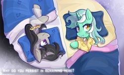 Size: 1619x985 | Tagged: safe, artist:rlabbiy, imported from derpibooru, lyra heartstrings, octavia melody, earth pony, pony, unicorn, clothes, duo, duo female, female, futon, horn, lying down, on side, pajamas, pillow, text