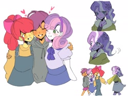 Size: 2048x1536 | Tagged: safe, artist:ajtordsuki, imported from derpibooru, apple bloom, diamond tiara, scootaloo, sweetie belle, human, equestria girls, clothes, cutie mark crusaders, dress, eyes closed, grin, heart, hoodie, hug, one eye closed, open mouth, shorts, simple background, skirt, smiling, suspenders, teary eyes, white background