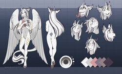 Size: 4433x2700 | Tagged: safe, artist:blackblood-queen, imported from derpibooru, oc, oc:yiazmat, anthro, draconequus, feathered wings, grin, horn, horns, hypno eyes, hypnosis, kaa eyes, male, paw pads, paws, reference sheet, smiling, surprised, tail, tongue out, tooth, wings