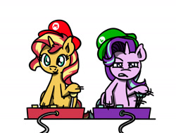 Size: 1800x1350 | Tagged: safe, artist:flutterluv, imported from derpibooru, starlight glimmer, sunset shimmer, pony, unicorn, arcade stick, cap, cute, duo, duo female, female, glimmerbetes, hat, horn, luigi's hat, mario hat, shimmerbetes, simple background, white background