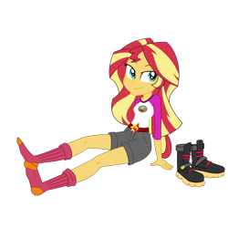 Size: 3000x3000 | Tagged: safe, artist:nie-martw-sie-o-mnie, imported from derpibooru, sunset shimmer, equestria girls, boots, camp everfree, camp everfree logo, camp everfree outfits, clothes, commission, commissioner:jrshinkansenhorse, feet, fetish, foot fetish, my little pony equestria girls: legend of everfree, shoes, shoes removed, simple background, socks, stocking feet, transparent background