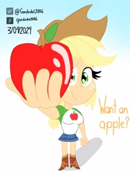 Size: 2400x3200 | Tagged: safe, artist:gordodel2006, imported from derpibooru, applejack, human, equestria girls, apple, applejack's hat, cowboy hat, female, food, gradient background, hat, high res, solo