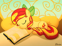 Size: 3707x2750 | Tagged: safe, artist:vibrissa, imported from derpibooru, sunset shimmer, pony, unicorn, book, bow, female, filly, filly sunset shimmer, foal, hair bow, horn, sleeping, solo, younger