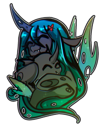 Size: 659x811 | Tagged: safe, artist:koveliana, imported from twibooru, queen chrysalis, changeling, changeling queen, /chag/, /mlp/, 4chan, ^^, duo, eyes closed, female, hairpin, hug, image, png, simple background, smiling, transparent background