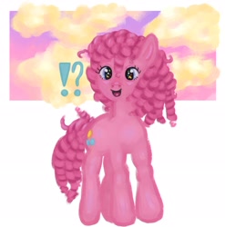 Size: 2029x2053 | Tagged: safe, artist:twipiebongrip, imported from derpibooru, pinkie pie, earth pony, pony, curly mane, exclamation point, interrobang, open mouth, open smile, pink coat, question mark, smiling, solo