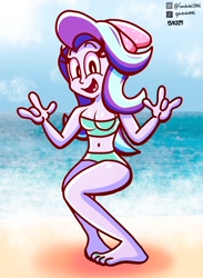 Size: 1674x2286 | Tagged: safe, artist:gordodel2006, imported from derpibooru, starlight glimmer, human, equestria girls, barefoot, beach, beanie, belly, belly button, bikini, clothes, feet, female, hat, solo, swimsuit