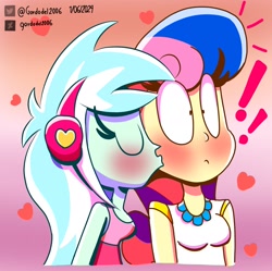 Size: 2376x2365 | Tagged: safe, artist:gordodel2006, imported from derpibooru, bon bon, lyra heartstrings, sweetie drops, human, equestria girls, blushing, cheek kiss, female, flag background, gradient background, heart, high res, kissing, lesbian, lesbian pride flag, lyrabon, pride, pride flag, shipping