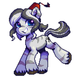 Size: 1024x1024 | Tagged: safe, artist:hikkage, imported from derpibooru, oc, oc only, oc:zakima zamelid, zebra, digital art, female, fez, hat, mare, pixel art, simple background, smiling, solo, starry eyes, transparent background, wingding eyes, zebra oc