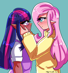 Size: 2550x2745 | Tagged: safe, artist:mylittleyuri, imported from derpibooru, fluttershy, twilight sparkle, human, blue background, blushing, clothes, dark skin, duo, duo female, elf ears, female, hands on cheeks, humanized, lesbian, looking at each other, looking at someone, shipping, shirt, simple background, sweater, sweater vest, sweatershy, twishy