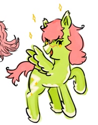 Size: 801x1024 | Tagged: safe, artist:twipiebongrip, imported from derpibooru, oc, oc only, pegasus, pony, green coat, open mouth, open smile, pegasus oc, pink mane, pink tail, raised hoof, smiling, solo, tail, wings