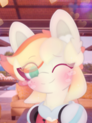 Size: 4096x5461 | Tagged: safe, artist:sodapop sprays, imported from derpibooru, oc, oc only, oc:sodapop sprays, pegasus, pony, blushing, clothes, ear fluff, eye clipping through hair, freckles, headphones, irl background, jacket, looking at you, one eye closed, smiling, solo, wink, winking at you