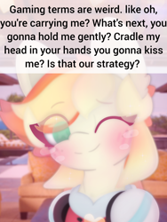 Size: 3034x4045 | Tagged: safe, artist:sodapop sprays, imported from derpibooru, oc, oc only, oc:sodapop sprays, pegasus, pony, blushing, clothes, ear fluff, eye clipping through hair, freckles, headphones, irl background, jacket, looking at you, meme, one eye closed, smiling, solo, text, wink, winking at you