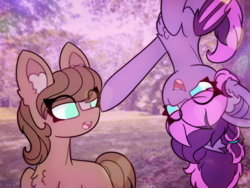 Size: 4096x3072 | Tagged: safe, artist:sodapop sprays, imported from derpibooru, oc, oc only, bat pony, earth pony, pony, boop, chest fluff, commission, confused, ear fluff, eye clipping through hair, irl background, smiling